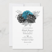 ターコイズ-ティール(緑がかった色)ブラックとシルバーのフローラ結婚 招待状 (正面)