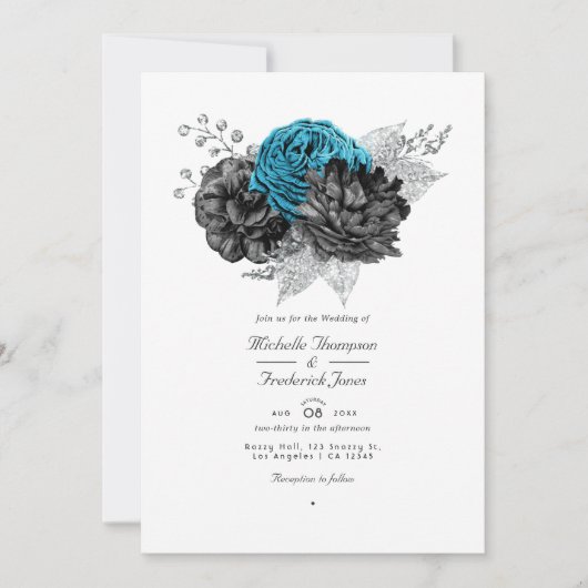 ターコイズ-ティール（緑がかった色）ブラックとシルバーのフローラ結婚 招待状 (正面)