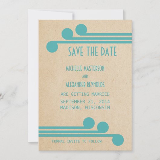 ターコイズ デコ シック セーブ・ザ・デート 招待状 (正面)