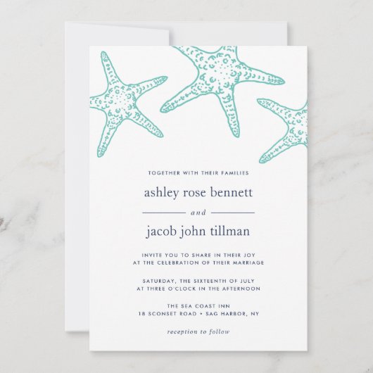 ターコイズ&ネイビースターフィッシュ結婚式招待状 招待状 (正面)