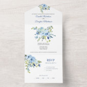 ターコイズ&ネイビーブルーウォーターカラーフローラ | オールインワン招待状 (内側)