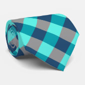 ターコイズ、ネイビーブルー、グレーの大きな格子窓 ネクタイ (ロール)