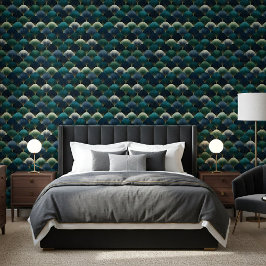 ターコイズ ネイビー ゴールド アートデコ ファンパターン 壁紙