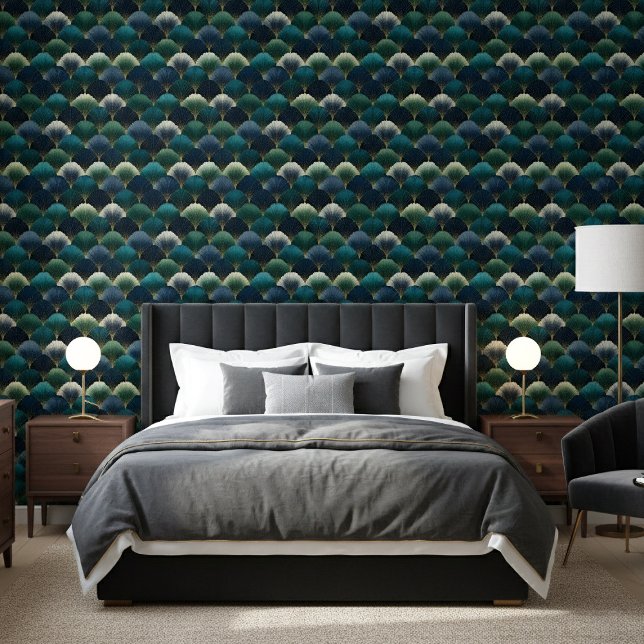 ターコイズ ネイビー ゴールド アートデコ ファンパターン 壁紙 (クリエイターアップロード済み)