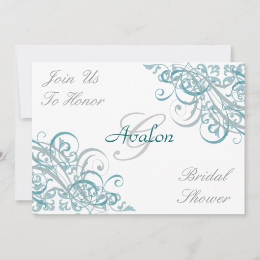 ターコイズ バロック スワール ブライダル シャワー 招待状 (正面)