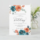 ターコイズ バーンオレンジ ラスティック オータム フローラル ウェディング 招待状 (スタンド正面)