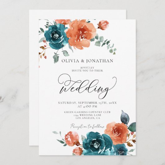 ターコイズ バーンオレンジ ラスティック オータム フローラル ウェディング 招待状 (正面/裏面)