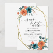 ターコイズ バーンオレンジ 水彩 フラワー セーブ・ザ・デート 招待状 (正面/裏面)