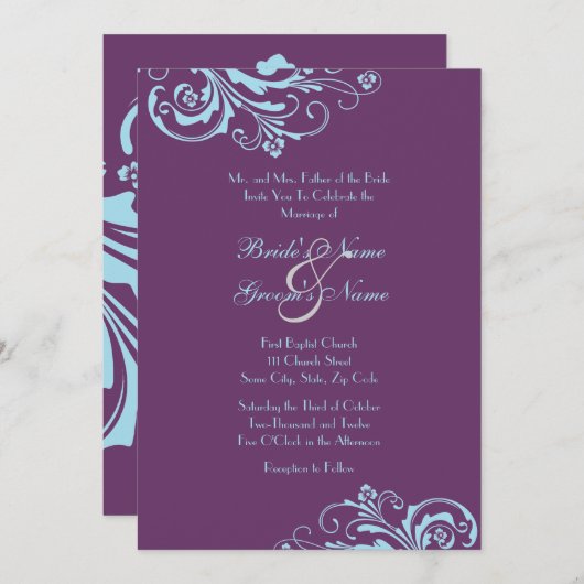 ターコイズ&パープルシック結婚式招待状 招待状 (正面/裏面)