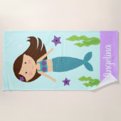 ターコイズ&パープルマーメイドビーチタオル-茶髪 ビーチタオル (正面)