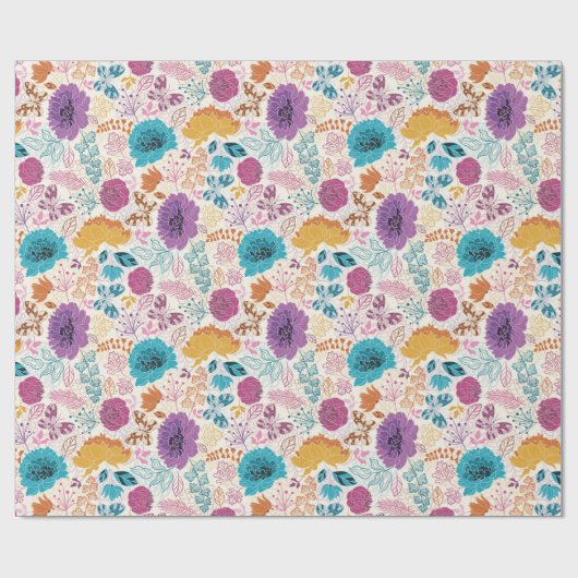 ターコイズ パープル イエロー 春の草原 花 ウェディング ラッピングペーパー (フラット)