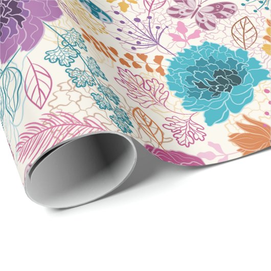 ターコイズ パープル イエロー 春の草原 花 ウェディング ラッピングペーパー (ロールコーナー)