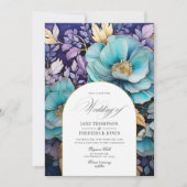 ターコイズ、パープル、ゴールドの花柄の結婚式 招待状 (正面)
