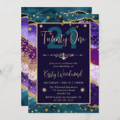 ターコイズ & パープル & ゴールド グリッター アゲート 誕生日パーティー 招待状 (正面/裏面)