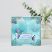 ターコイズ パープル バタフライ 誕生日パーティー 女性 ガール 2 招待状 (スタンド正面)