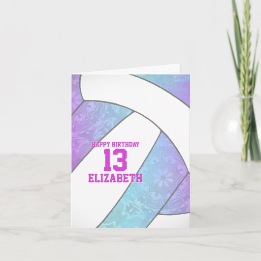 ターコイズ パープル ピンク バレーボール ハッピー バースデー カード (正面)