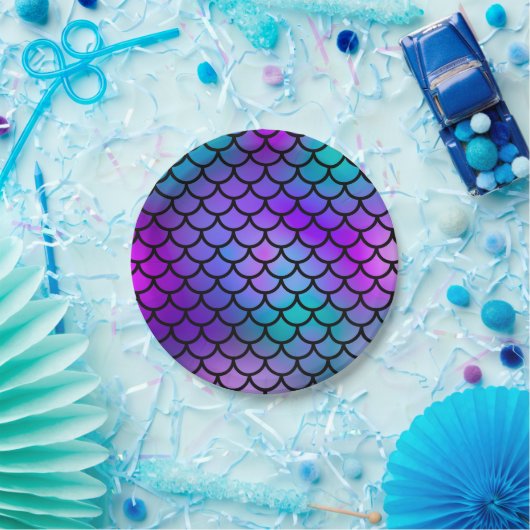 ターコイズ パープル ピンク ブルー マーメイド スケール ファンタジー フィッシュ ペーパープレート (パーティー)