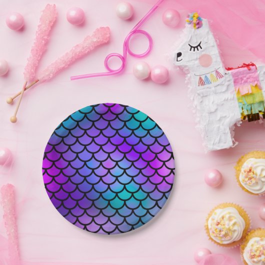 ターコイズ パープル ピンク ブルー マーメイド スケール ファンタジー フィッシュ ペーパープレート (パーティー)