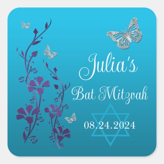 ターコイズ、パープル フローラル、蝶 バット ミッツヴァー スクエアシール (正面)