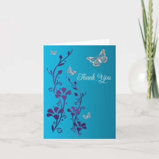 ターコイズ、パープル フローラル、蝶 謝謝 サンキューカード (正面)