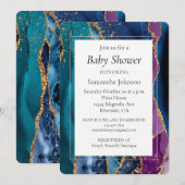 ターコイズ パープル ブルー ゴールド グリッター マーブル 招待状 (正面/裏面)