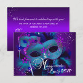 ターコイズ & パープル マスク マスカレード パーティー 出席確認 招待状 (正面/裏面)