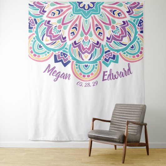 ターコイズ＆パープル モダン フラワー ウェディング バックドロップ タペストリー (インサイチュ)