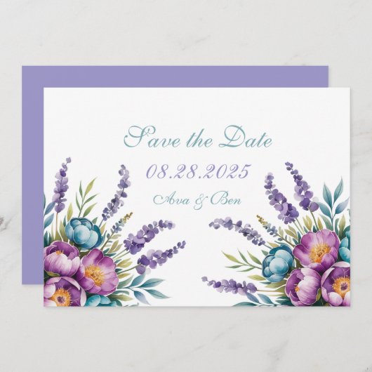 ターコイズ パープル ワイルドフラワーズ ウェディング セーブザデート (正面/裏面)