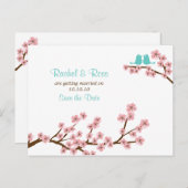 ターコイズ&ピンクさくらんぼブロッサムの日付を保存 案内ポストカード (正面/裏面)