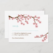 ターコイズ&ピンクさくらんぼブロッサムRSVP、封筒つき 招待状 (正面/裏面)