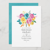 ターコイズ、ピンクと黄色のフローラ 招待状 (正面/裏面)