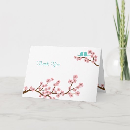 ターコイズ＆ピンクの桜の結婚式のお礼 サンキューカード (正面)