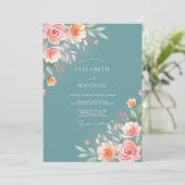 ターコイズ ピンクの花が咲き誇るウェディング 招待状 (スタンド正面)