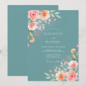 ターコイズ ピンクの花が咲き誇るウェディング 招待状 (正面/裏面)