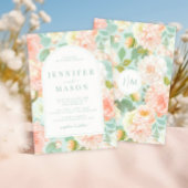 ターコイズ ピンクの花のクラシック ウェディング 招待状