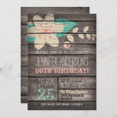 ターコイズ、ピンクの花素朴大人の10代の誕生日 招待状 (正面/裏面)