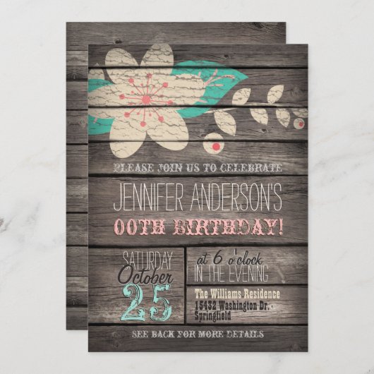 ターコイズ、ピンクの花素朴大人の10代の誕生日 招待状 (正面/裏面)