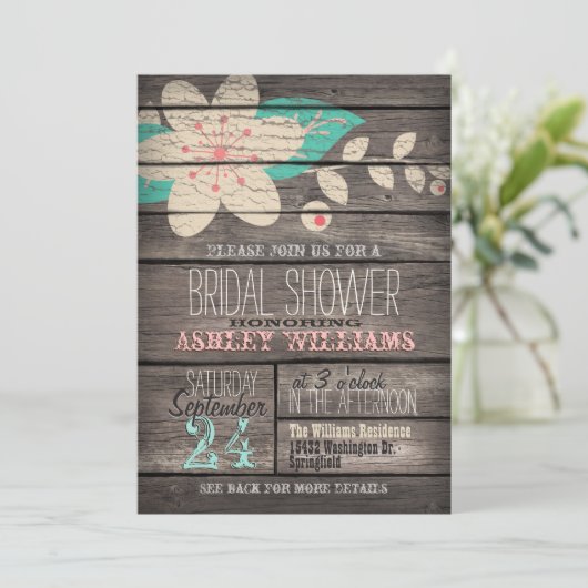 ターコイズ、ピンクの花;ウッド素朴ブライダルシャワー 招待状 (スタンド正面)