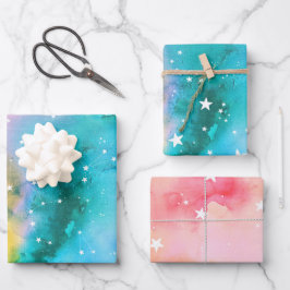 ターコイズ ピンクの花 天体の星 ラッピングペーパーシート