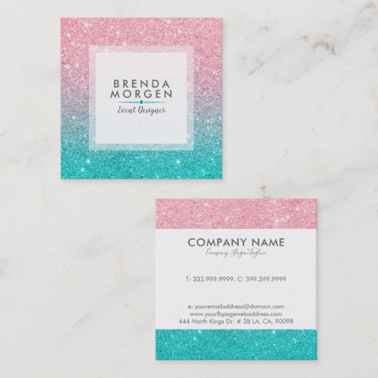ターコイズ&ピンクフェイクグリッターグッズ スクエア名刺 (正面/裏面)