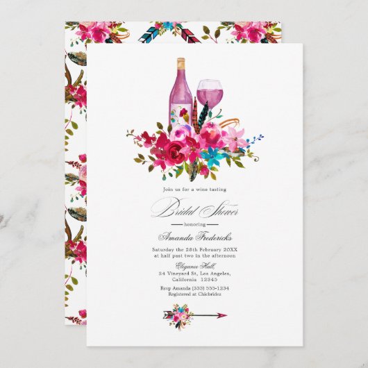 ターコイズ&ピンクボホシックワインブライダルシャワー 招待状 (正面/裏面)