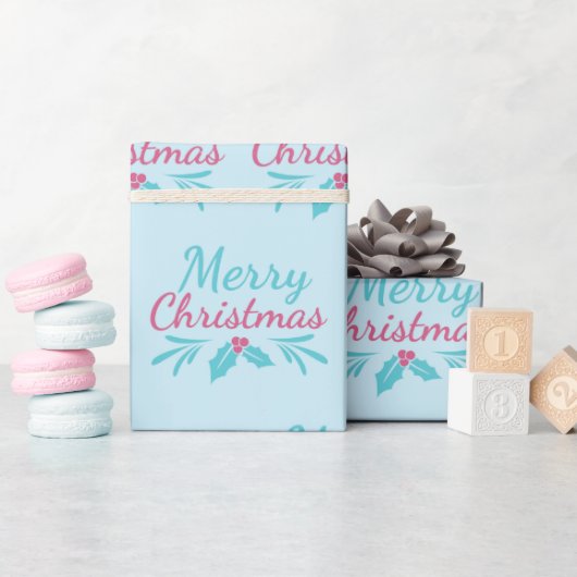 ターコイズ&ピンクメリークリスマスフェスティバルシームレス ラッピングペーパー (ベビーシャワー)