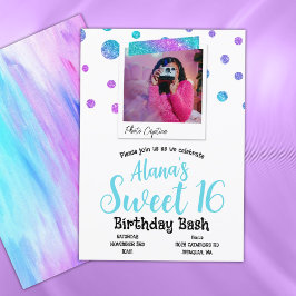 ターコイズ、ピンク、パープルのドットが可愛いSweet16 招待状