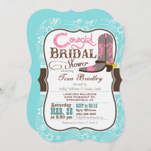 ターコイズ、ピンク、ブラウン女性のカーボーイブライダルシャワー 招待状 (正面/裏面)
