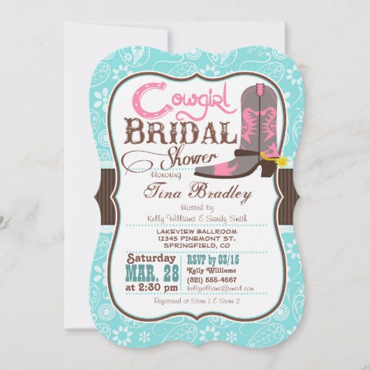 ターコイズ、ピンク、ブラウン女性のカーボーイブライダルシャワー 招待状 (正面)