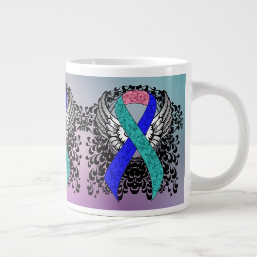 ターコイズ/ピンク/ブルーの翼のついたリボン ジャンボコーヒーマグカップ (右)