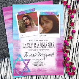 ターコイズ、ピンク、ブルーグリッターB'naiバルミツワー 招待状