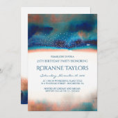 ターコイズ&ピーチウォーターカラーモダンバースデーパーティー 招待状 (正面/裏面)