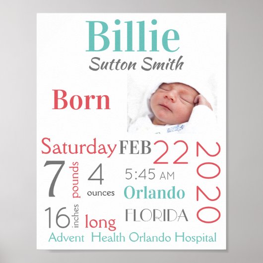 ターコイズ&ピーチベビー誕生統計男女兼用 ポスター (正面)