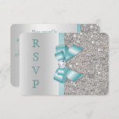 ターコイズ・フェイク・ボウ・シルバー・スパンコール・ダイヤモンド・RSVP 招待状 (正面/裏面)